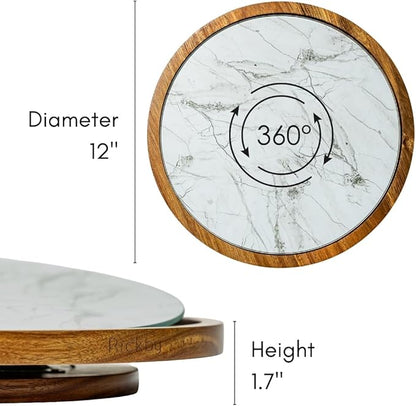 Rickby, 12" Premium Acacia Wood Lazy Susan Turntable for Table Top with Removable Marble Texture Glass Plate, Wooden Lazy Susan for Dining Table Centerpiece & Kitchen Countertop