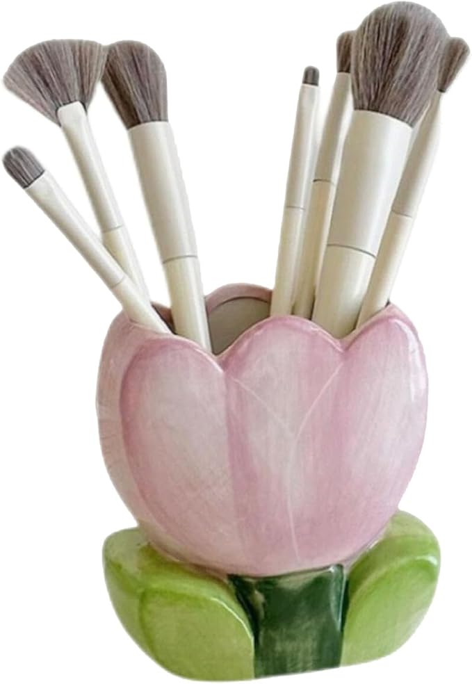 1 PC Ceramic Tulip Make up Brush Holder Flower Toothbrush Holder Cosmetic Storage Box Pen and Pencil Holder Desktop Organizers (Purple)