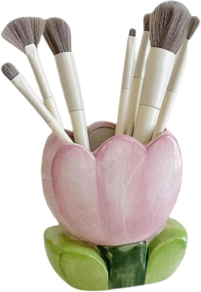 1 PC Ceramic Tulip Make up Brush Holder Flower Toothbrush Holder Cosmetic Storage Box Pen and Pencil Holder Desktop Organizers (Purple)