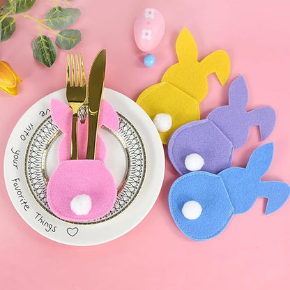 Easter Bunny Cutlery Bags Flatware Holder Bunny Shape Silverware Felt Utensil Cutlery Holders Pouch Bags Utensil Sleeve Pockets for Spring Birthday Table Place Settings Tableware Party Supplies 8Pcs