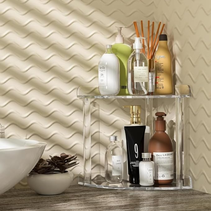 2 Tier Clear Acrylic Bathroom Corner Organizer, Countertop Vanity Tray for Makeup, Cosmetics, Perfume - Freestanding Storage Shelf for Bathroom, Bedroom, Kitchen