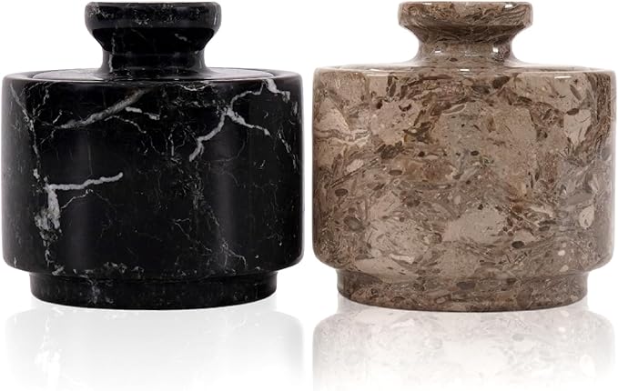 MARBLOUS KRAFTS Marble Salt Cellar with Lid 3" Zebra Black and Oceanic Sea Salt, Pepper Container for Kitchen Storage, Stone Spice Jar, Perfect Mother’s Day Gift, New Home