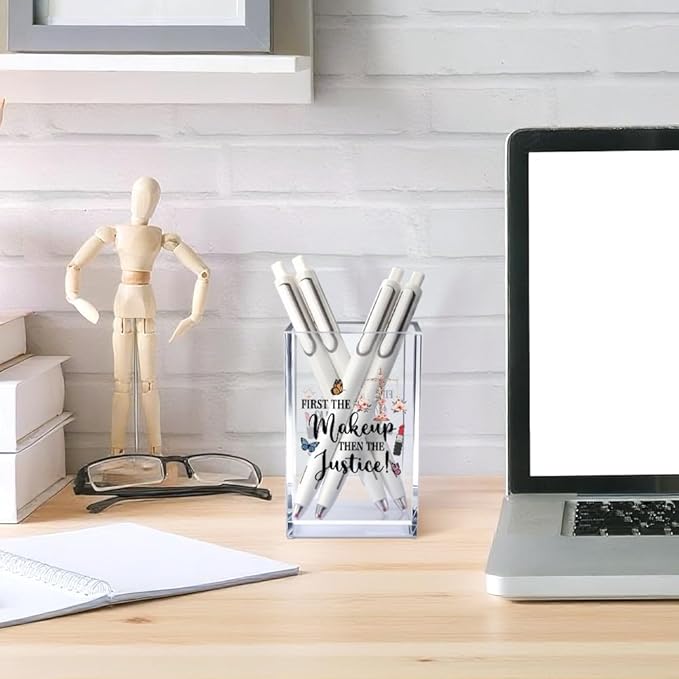 First The Makeup, Then The Justice Acrylic Makeup Brush Organizer Holder, Lawyer Desk Acrylic Brushes Storage, Law Student Gifts, Thank you Gifts for Women Lawyer Judge Attorney Makeup Lover
