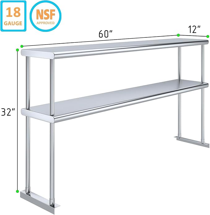 NSF Certified 18 Gauge Heavy Duty Stainless Steel Double overshelf with Brackets for Kitchens, Utility Rooms, Storage, Offices & Home