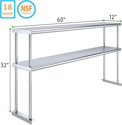 NSF Certified 18 Gauge Heavy Duty Stainless Steel Double overshelf with Brackets for Kitchens, Utility Rooms, Storage, Offices & Home