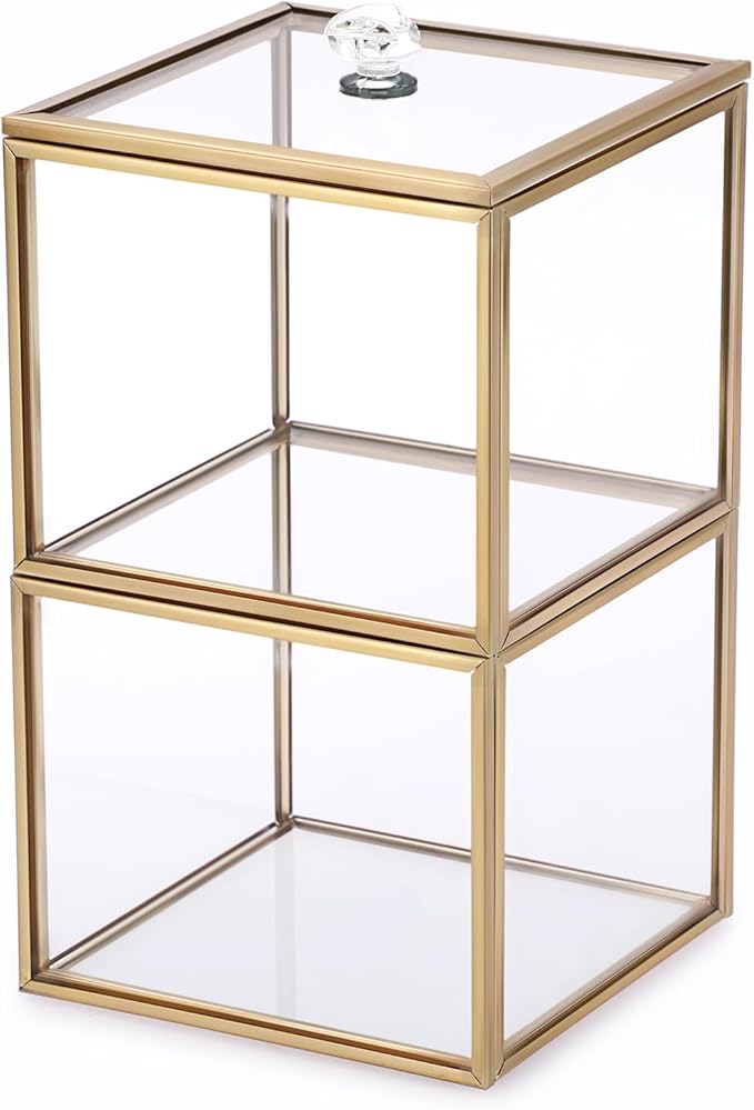 Hipiwe Glass Qtip Holder Dispenser with Lid 2-Tier Stackable Bathroom Containers Cotton Ball & Swab Holder Vanity Organizer Jars Gold for Makeup Pads