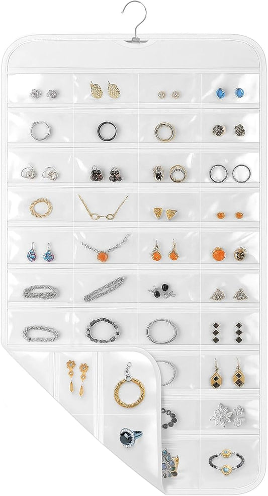 1 Pack Hanging Jewelry Organizer, 80 Clear Pockets earring organizer and storage, Accessories holder organizer for Closet, Jewelries, Necklace, Travel