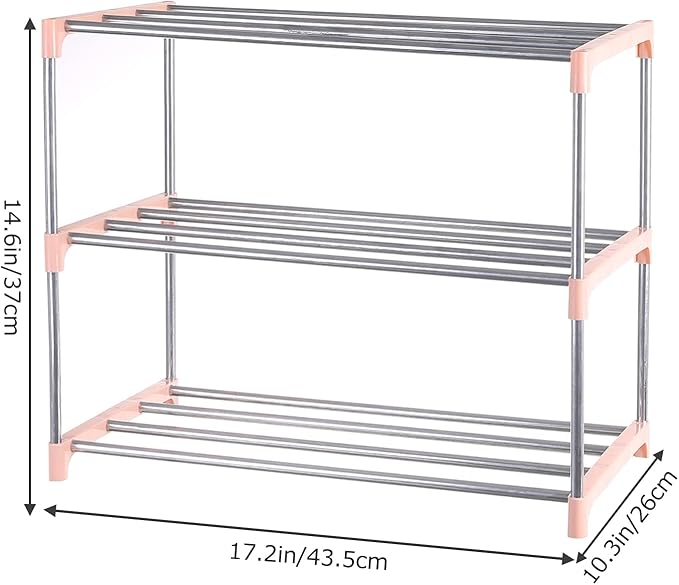 Small Shoe Rack, Narrow Stackable Shoe Shelf Organizer for Entryway, Doorway and Bedroom Closet (3-Tier, Pink)
