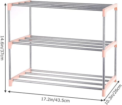 Small Shoe Rack, Narrow Stackable Shoe Shelf Organizer for Entryway, Doorway and Bedroom Closet (3-Tier, Pink)