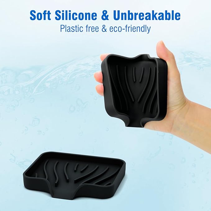 AIMAIAIMAI 3-Pack Silicone Soap Dish Set – Bar Soap Holder with Self-Draining Design, Easy-Clean Tray for Shower, Bathroom, Kitchen, and Tub (Black)
