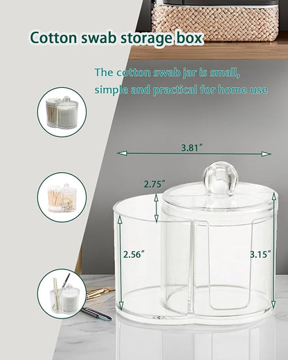 2-in-1 Cotton Round Holder & Cotton Swab Holder - Clear Plastic Bathroom Vanity Organizer, Shatterproof Apothecary Jar for Cotton Pad, Cotton Balls, Floss Picks, Hair Ties & Vanity Storage