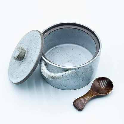12 oz Ceramic Salt Cellar with Lid & Wooden Spoon,Countertop Salt Container,Sugar Bowl,Spices Jar| Artisan Kitchen Decor(Gray)