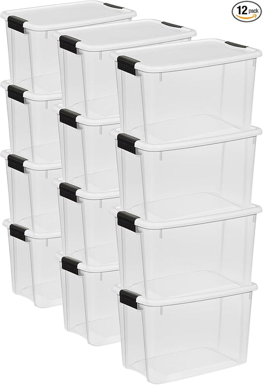 Sterilite 12-Pack 30 Quart Ultra Latch Box, Clear Storage Organizer Bins w/Latching Lids - Stackable Plastic Containers for Home Organization in Garage, Attic, Basement, and Closet