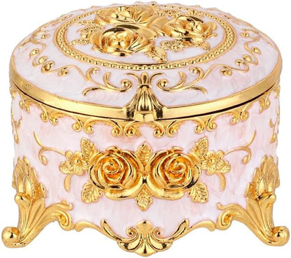 Retro round jewelry box creative small accessory storage box metal chest ring box collection commemorative box earring box earring necklace storage box women's gift small (Beige)