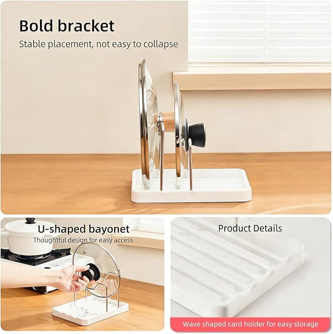Pot lid Holder And Spoon Rest, 2 Layers Lid And Spoon Rest Pot Lid Organizer With Drip Tray, Multifunction Kitchen Gadget Rack For Cooking (White)