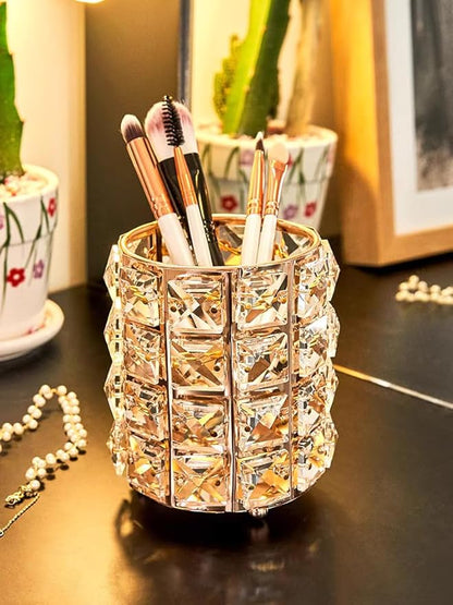 Golden Crystal Makeup Brushes Holder Organizer for Cosmetics Comb Brushes, Eyebrow Pen Pencil Storage Case Container, Golden