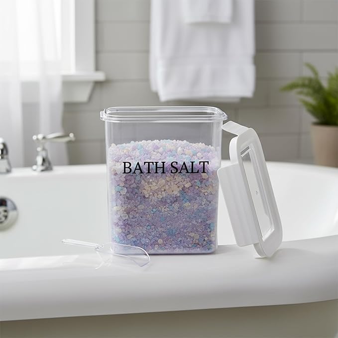 61 oz Bath Salt Jar, Plastic Bath Salt Container with Scoop, Airtight Storage with Locking Lids, Stackable Clear Canister for Epsom Salt, Bathtub Accessories