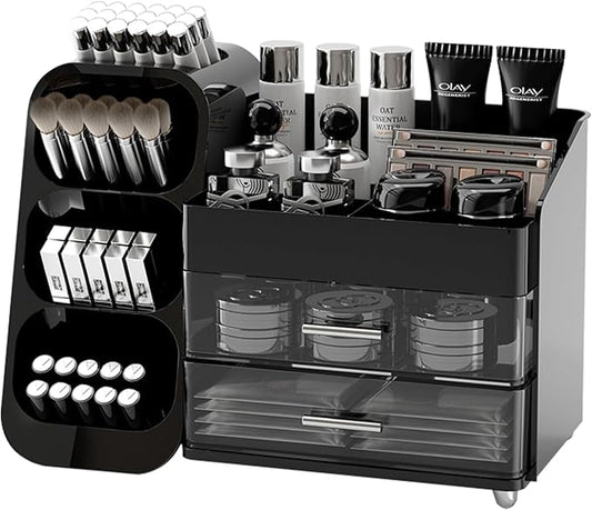 Makeup Organizer for Vanity with Brush Holder, Countertop Organizer with 2 Drawers,Spacious Cosmetic Display Case,Skincare Organizers and Cosmetic Storage for Dresser