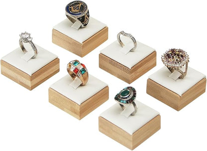Coward Bamboo 6 Pcs Rings Display Stand, Ring Jewelry Holder Organizer Drawer Storage (White PU)