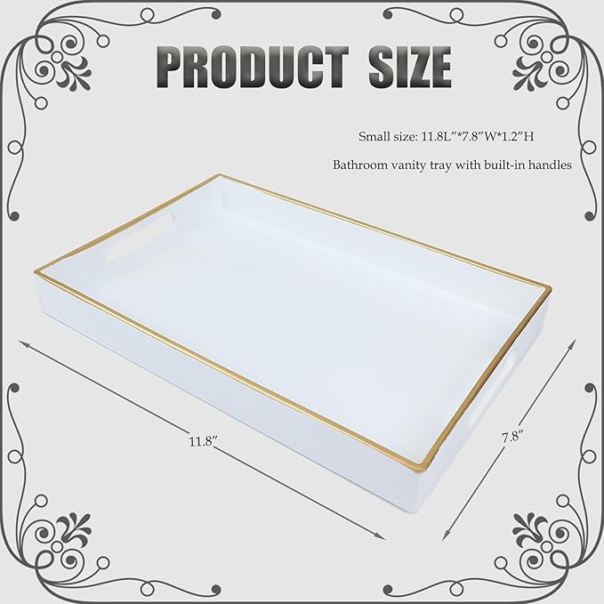 Spsyrine White Bathroom Vanity Tray with Handles for Dresser Tops, Countertop, Perfume Decorative Tray, 11.8” * 7.87” *1.37”