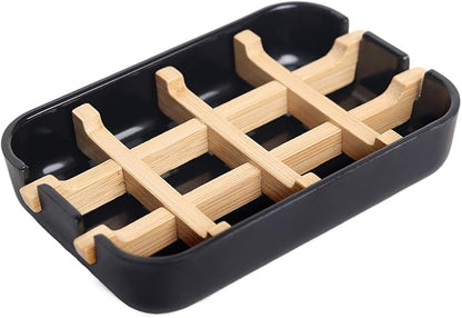 Bamboo Fiber Soap Holder and Soap Dish Combination for Bathroom Bar Soap Holder Sink Deck Bathtub Shower Tray (Black)