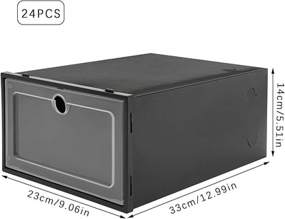 24 Pack Stackable Shoe Boxes with Clear Lids - Foldable Shoe Storage Organizer for Closet Cabinet, Color Options for Sneakers Flats Home Organization (Black)