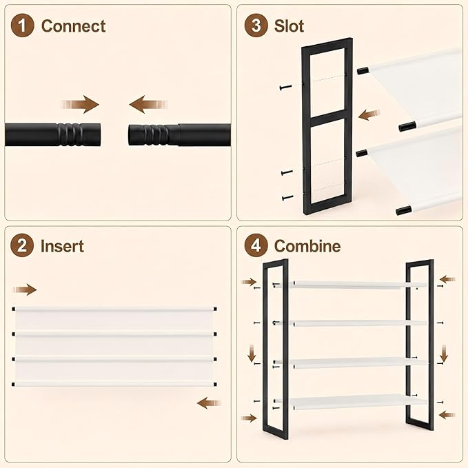 4-Tier Shoe Rack for Closet & Entryway, Stackable Shoe Organizer with Screw-Fastened Metal Frame, Less Wobble Design, Heel-Friendly Non-Woven Shelves, 11.8" Deep Space-Saving Shoe Storage Black