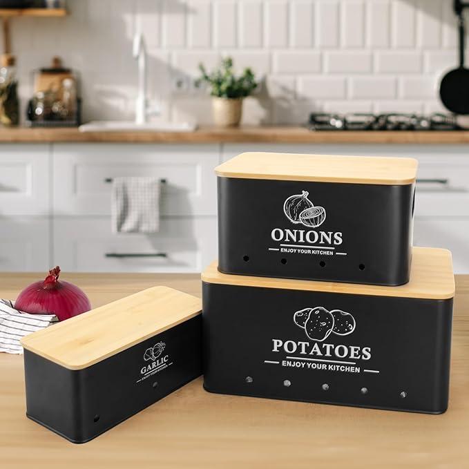 Kitchen Vegetable Storage Set of 3, Metal Onion Garlic Potato Storage Set, Kitchen Canisters Vegetable Keeper Containers with Aerating Holes and Wooden Lid (Black)