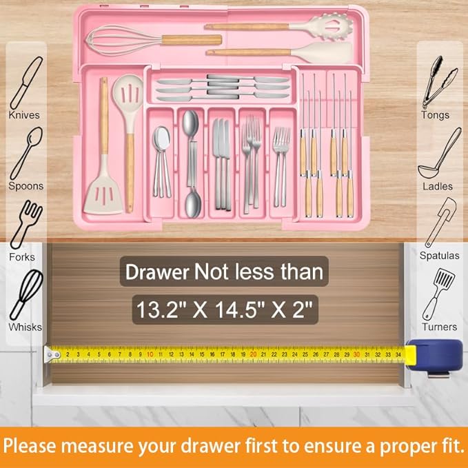 Homecor Silverware Organizer - Expandable Large Kitchen Drawer Organizer Utensil Organizer with 2 Knife Block Inserts, 22"x 19"Cutlery Tray with Drawer Dividers for Kitchen Flatware (Pink)