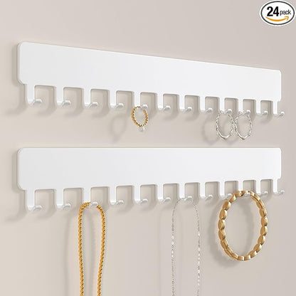 Necklace Holder Hanging Jewelry Organizer - Self-Adhesive Wall Mounted for Necklaces, Bracelets, 2 PCS, White