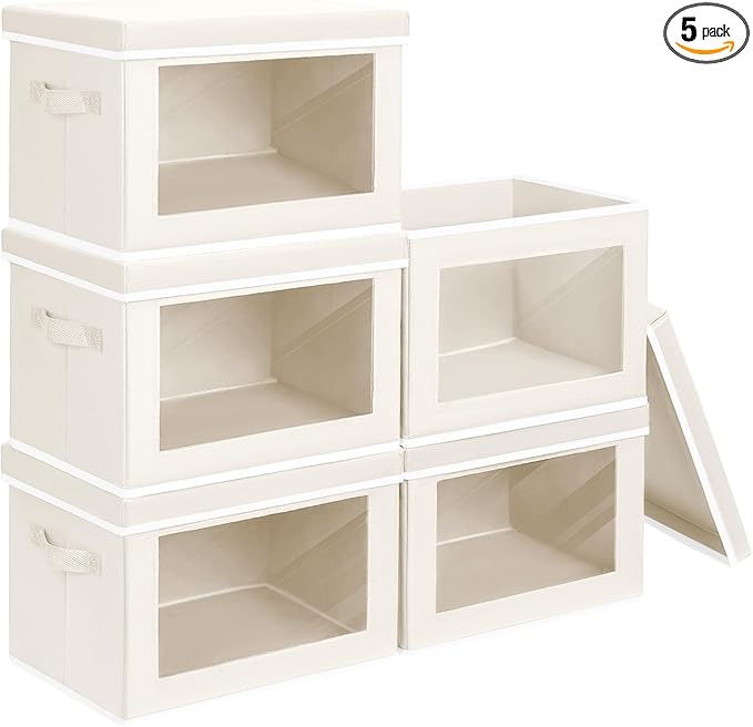 Homsorout Storage Bins with Lids - Large Decorative Basket with Lids, Fabric Foldable Closet Organizer Bins, Stackable Shelf Organizer for Living Room, Dorm, 5 Pack, Beige