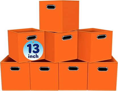 Fabric Cubby Storage Bins,13x13x13 Inches,Cube Organizer Bin Foldable Storage Boxes with Dual Handles Fabric Organizer Box and collapsible Storage basket,Set of 8,Orange