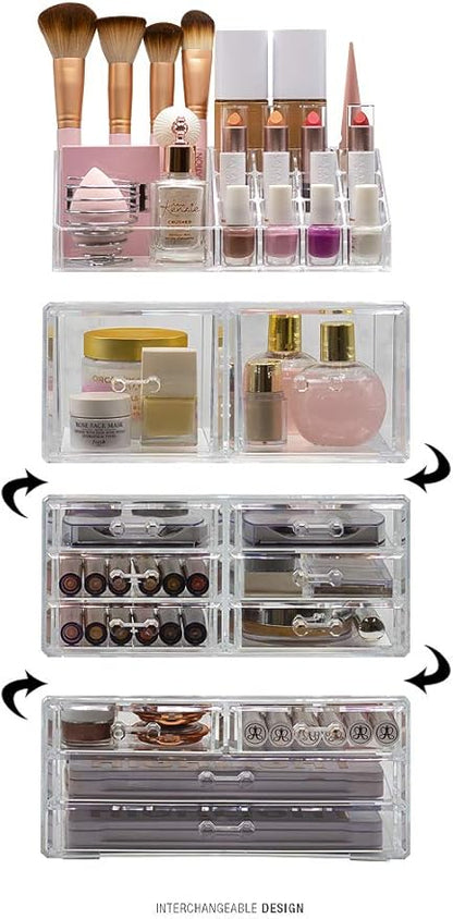 Sorbus Large Makeup Organizer - Clear Stackable Jewelry & Makeup Organizer For Vanity, Bathroom Storage, Dresser - 12 Drawers Cosmetic Beauty Organizers and Storage with Lipstick, Makeup Brush Holder