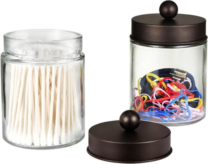 SheeChung Qtip Dispenser Holder 2pcs, Glass Apothecary Jars with Stainless Steel Lids &Stickers, Countertop Canister Guest Bathroom Storage Organizer Set for Cotton Swabs/Balls, Floss Picks(Bronze)