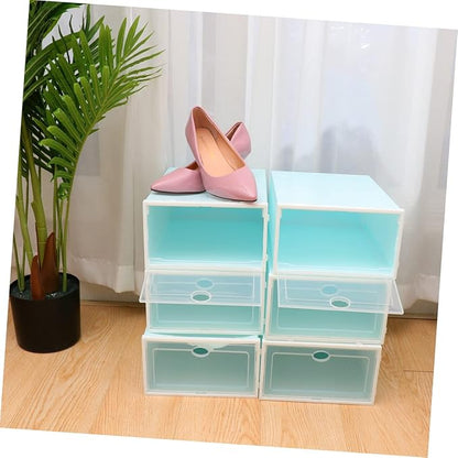 KOMBIUDA 6pcs Transparent Stackable Shoe Boxes with White Frame Plastic Shoe Storage Container for Women Thicken Design for Organized Closets and Entryways