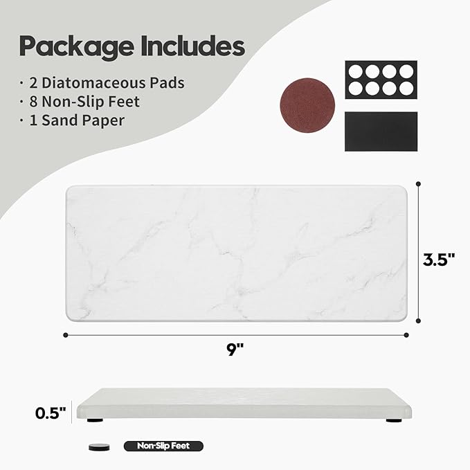 2PCS Water Absorbing Stone Drying Tray for Kitchen Counter & Bathroom Sink, Diatomite Faucet Splash Guard, Soap Dispenser Rack & Sponge Holder Caddy Organizer, Marble White (Printed Pattern), 9"x 3.5"