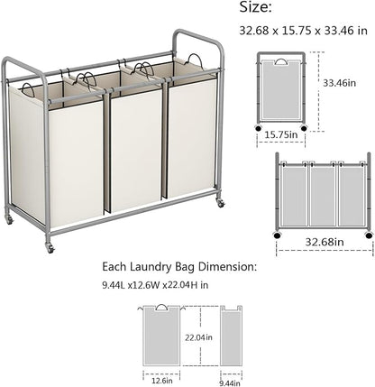 LINZINAR 3-Bag Laundry Sorter,Laundry Hamper Cart with Heavy Duty Rolling Lockable Wheels and Removable Bags (Beige)