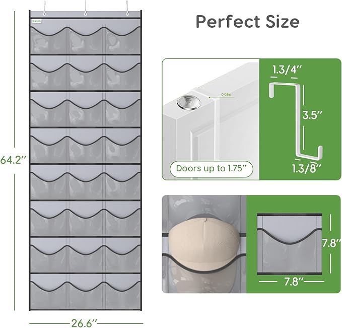 Baseball Hat Rack, 24 Pocket Over-The-Door Hat Organizer with Clear Deep Pockets to Display Baseball Caps Collection, Complete with 3 Over Door Hooks (Grey, 24 Pockets)
