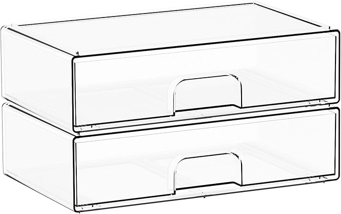 2 Pack Acrylic Drawer Organizer,12.2''W Clear Stackable Storage Drawers,Acrylic Boxes for Storage Makeup Palettes,Cosmetics,Pull Out Bathroom Storage Bins for Hair Products,Medicine Cabinet Organizer