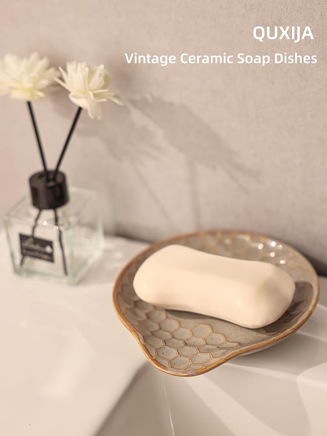 Ceramic Soap Dish, Set of 2 Bar Soap Holder, Shower Soap Dish Soap Saver Tray for Bathroom Kitchen Sink, Stylish and Easy to Clean (Vintage Grey)