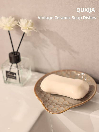 Ceramic Soap Dish, Set of 2 Bar Soap Holder, Shower Soap Dish Soap Saver Tray for Bathroom Kitchen Sink, Stylish and Easy to Clean (Vintage Grey)