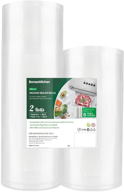 Bonsenkitchen Vacuum Food Sealer Rolls Bags, 8" x 50' & 11" x 50' Commercial Grade BPA Free Bag Rolls, Durable Customized Size Food Vac Bags for Storage and Sous Vide Cooking VB3212