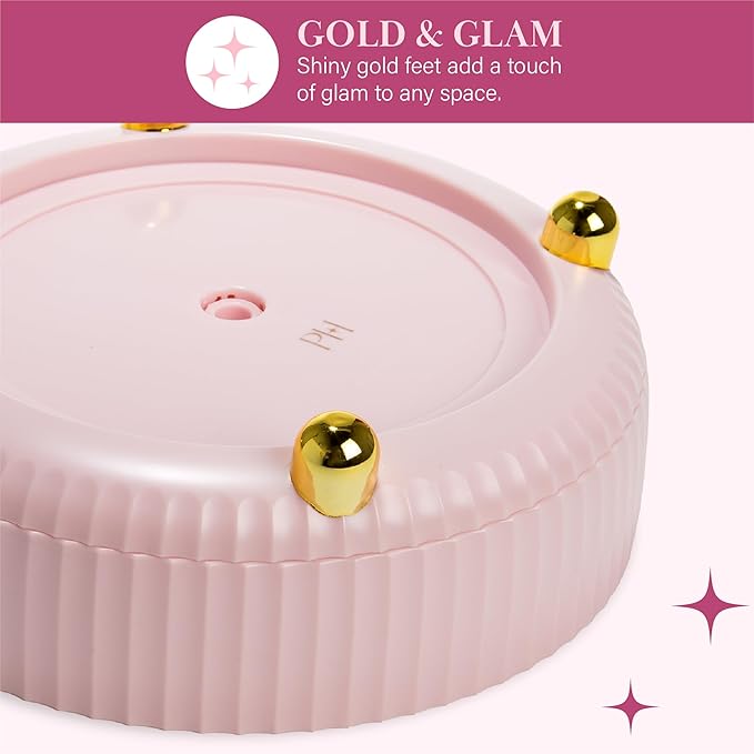 Paris Hilton 360° Rotating Makeup Organizer Tray, Large Capacity for Skincare & Beauty Essentials, Fluted Design with Gold Accents, 8.75-Inch, Pink