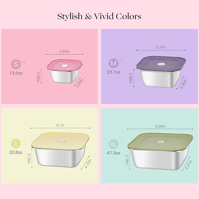 8-Piece Stainless Steel Food Storage Containers Set with 4 Colorful Lids – Airtight & Leakproof for Meal Prep, Lunch, Leftovers – BPA-Free, Dishwasher Safe – Durable Kitchen & Office Organizers