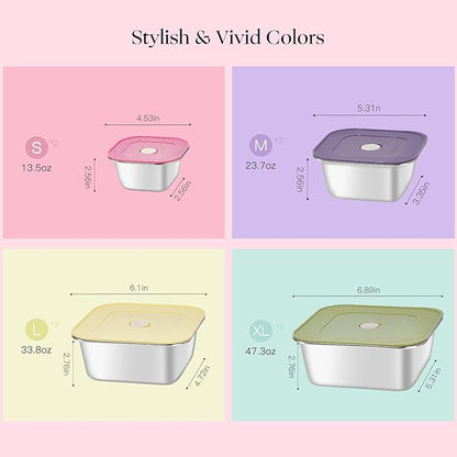 8-Piece Stainless Steel Food Storage Containers Set with 4 Colorful Lids – Airtight & Leakproof for Meal Prep, Lunch, Leftovers – BPA-Free, Dishwasher Safe – Durable Kitchen & Office Organizers