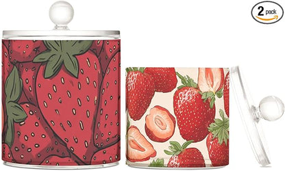 2 Pack Qtip Dispenser Apothecary Jars with Lids Cotton Round Holder Bathroom Canisters for Cotton Swab Floss Ball Pads Clear Plastic Decorative Red Strawberries