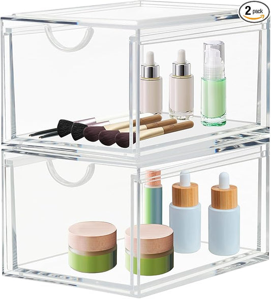 CECOLIC 2 Pack Stackable Cosmetic Organizer Drawers, Clear Acrylic Makeup Storage Organizer Box, Plastic Storage Bins Vanity Container for Bathroom Countertop, Bedroom Dresser, Kitchen Cabinets