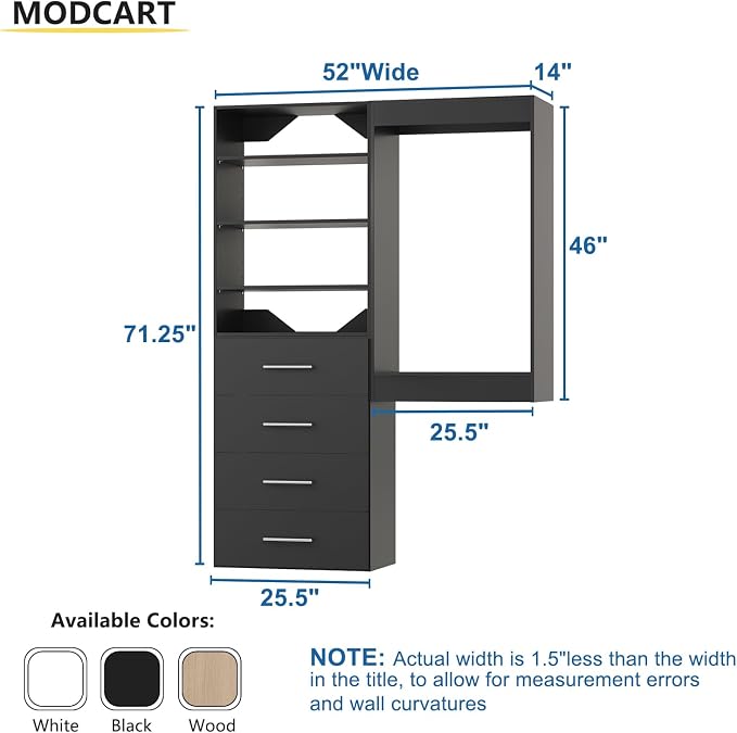 Modular Closet System, 52" Wide Closet Organizer System with Tower and Drawers, Wood Tower Closet Storage for Walk In Closets, Wall Mounted Wardrobe Organizer Kit System, Bedroom, Black