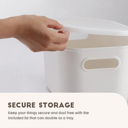 Tuanse 8 Pieces White Plastic Storage Bins with Lids, Stackable Storage baskets with Handle Containers Box for Shelves Drawers Desktop Playroom Classroom Office Organization(7.3 x 10.2 x 6.5 Inches)