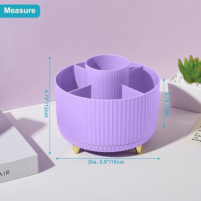 360 Rotating Plastic Desk Pen Organizer with 5 Slots, Dual-Purpose Art Supply Pencil Cup for Office, School, Home Light Purple